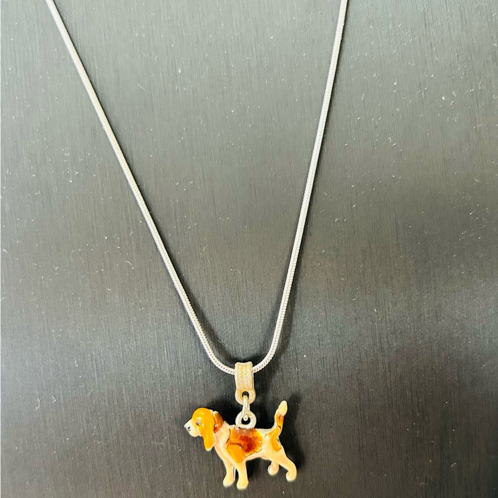 Cute Elegant Vintage Inspired Dog Puppy Enamel Pendant Silverplated Necklace